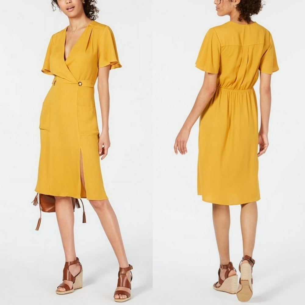 NWT Monteau Women's Ruffle-Sleeve Faux-Wrap Dress Yellow 🌼✨